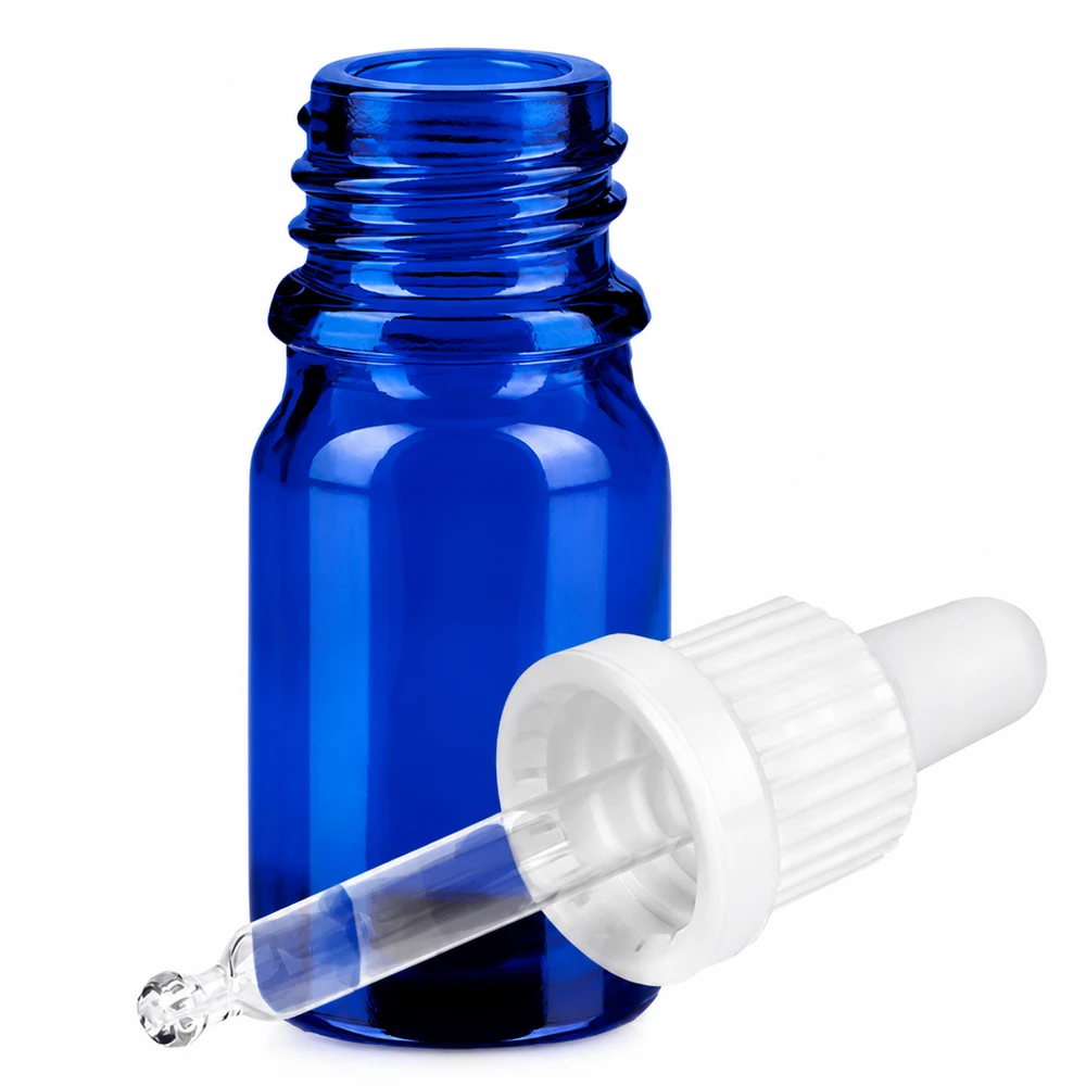Sininen lasipullo 5ml, jossa on pipettikiinnitys eteerisiä öljyjä ja kosmetiikkaa varten.