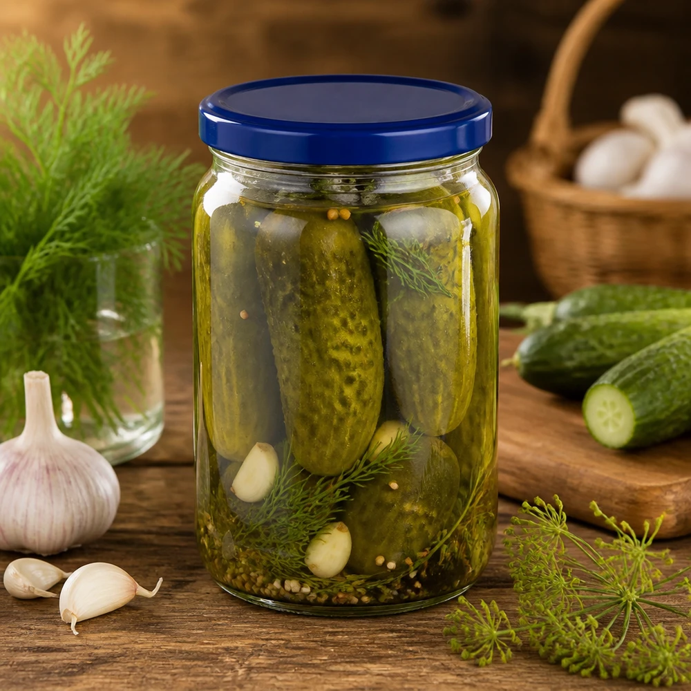 795ml Rundglas mit blauem UNiTWIST Deckel für eingelegte Gurken mit Dill Knoblauch und Gewürzen perfekt zum Einmachen