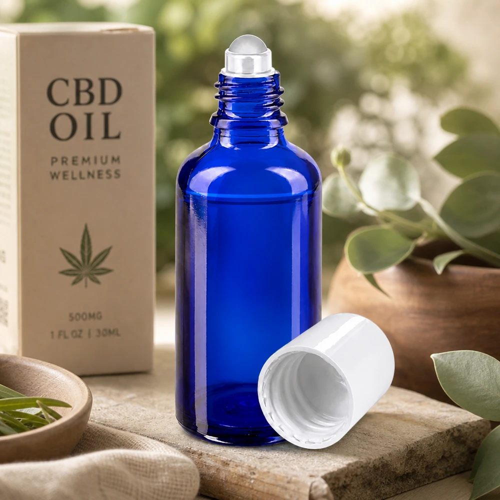 Apteekkipullo sininen 50ml roll-on korkki valkoinen Sininen apteekkipullo, 50 ml, rullasovittimella – ihanteellinen CBD-öljyseerumille ja vartalonhoitotuotteille