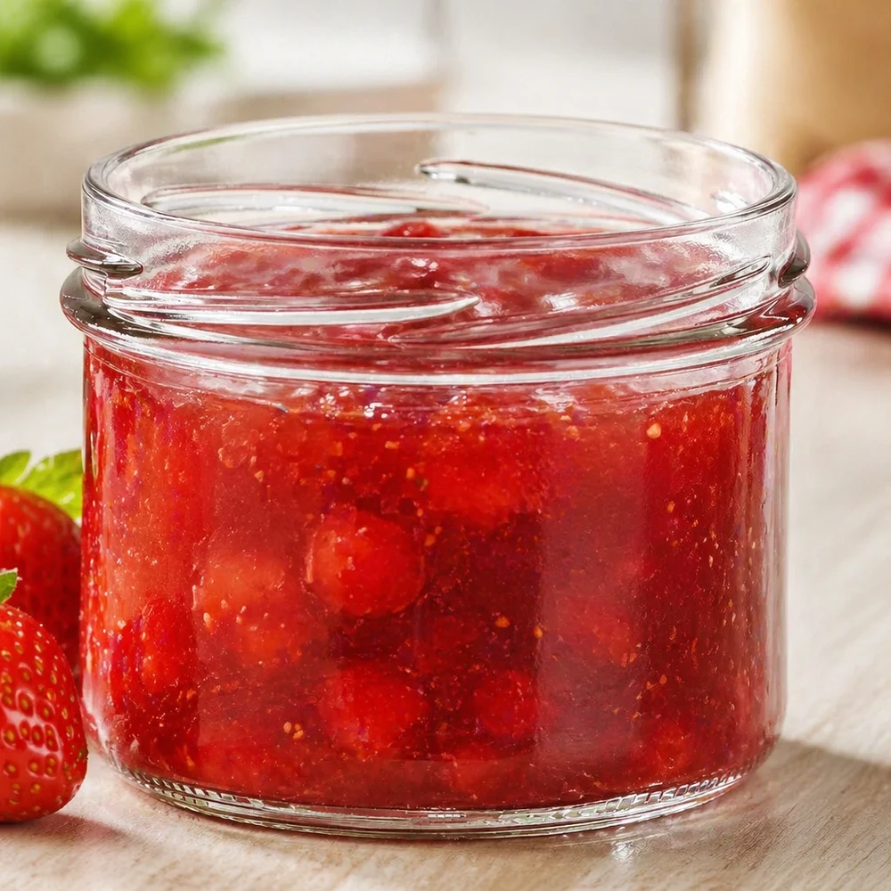 225ml juomalasit ilman kantta (TO82) UNiTWIST UNiTWIST Sturz225 -mukit 225ml TO82 täynnä punaista mansikkahilloa puupöydällä, jossa on tuoreita mansikoita.