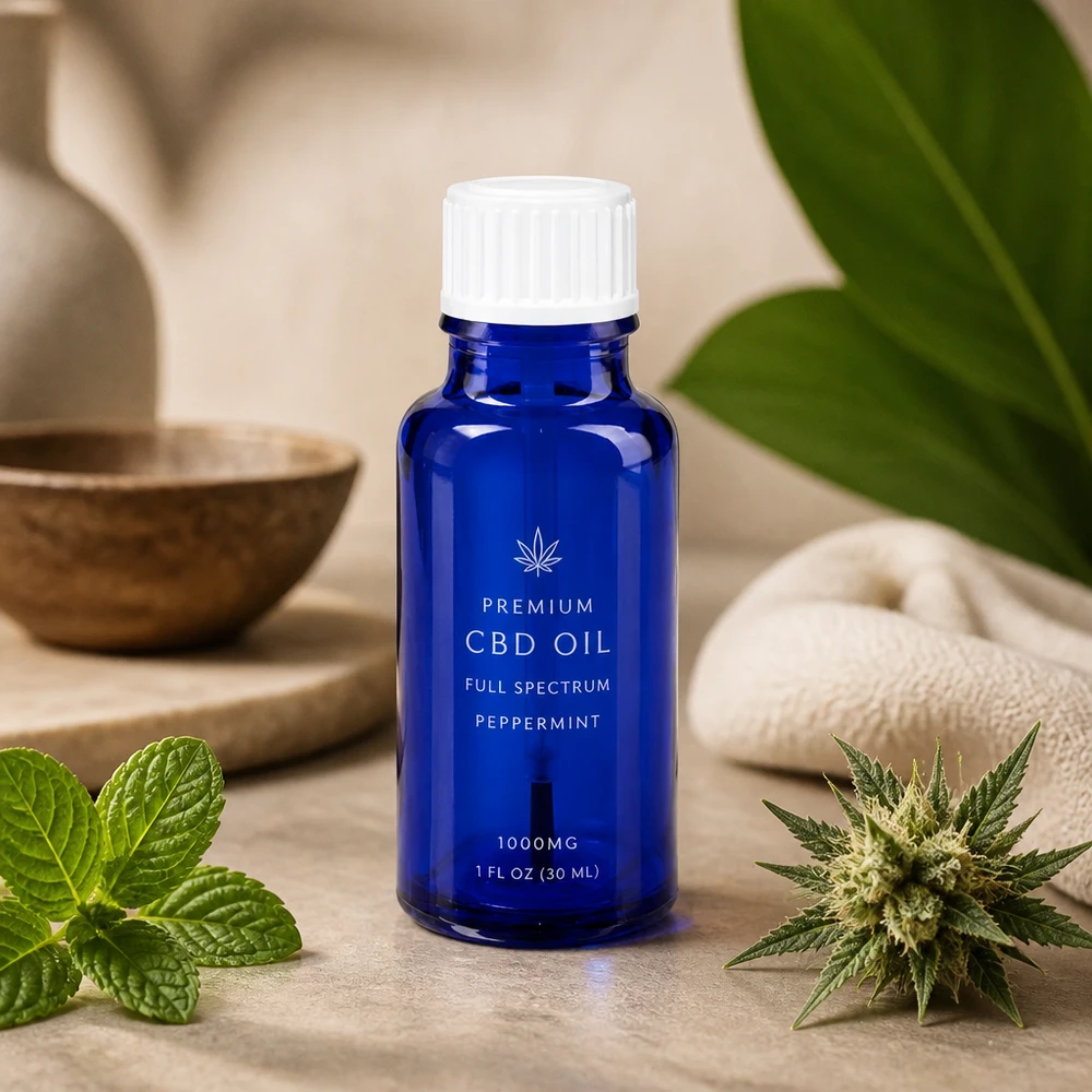 Apteekkipullo sininen 20ml ruuvikorkki valkoinen sivellinlaite Pieni sivellinpullo, 20 ml, sininen lasi, STD, valkoinen korkki, koristeltu piparminttukasvilla
