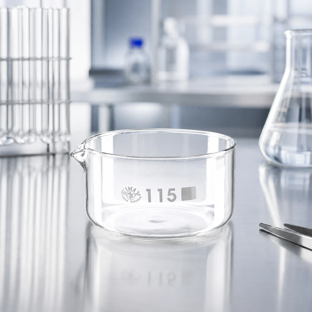 SIMAX-kiteytysastia 500 ml, borosilikaattilasia, ruostumattomasta teräksestä valmistetulla pöydällä ammattikäyttöön tarkoitetussa laboratoriossa, ø115 mm