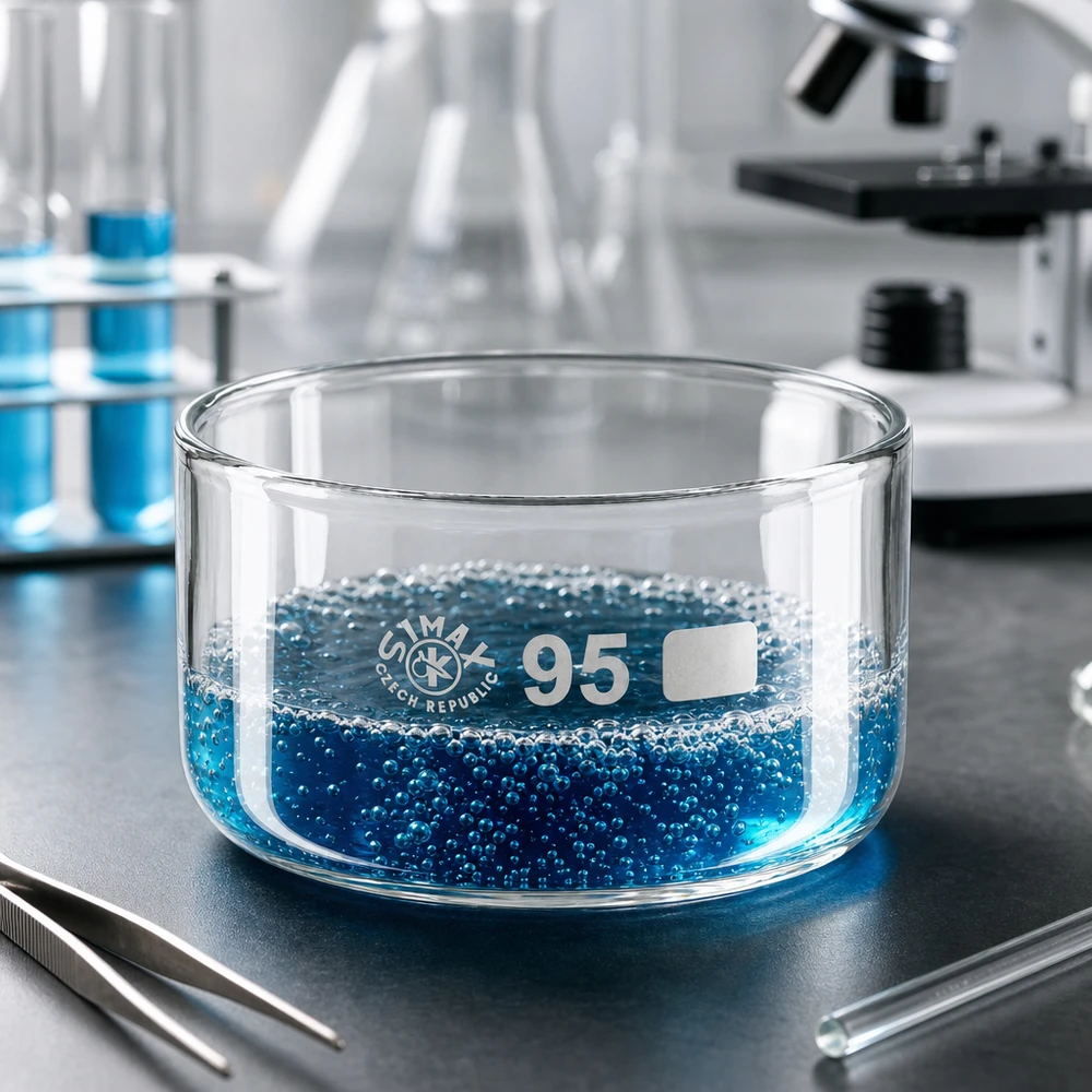 Simax-kiteytysastia 300 ml, sininen liuos ja helmiä, laboratorioasetelma, mikroskooppi, pinsetit