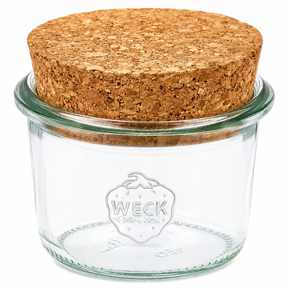 80ml juomalasit WECK RR60 korkilla luonnonvärinen WECK muurauspurkki 80ml RR60, jossa on luonnonkorkkikansi Säilöntäpurkki kirkkaasta lasista.
