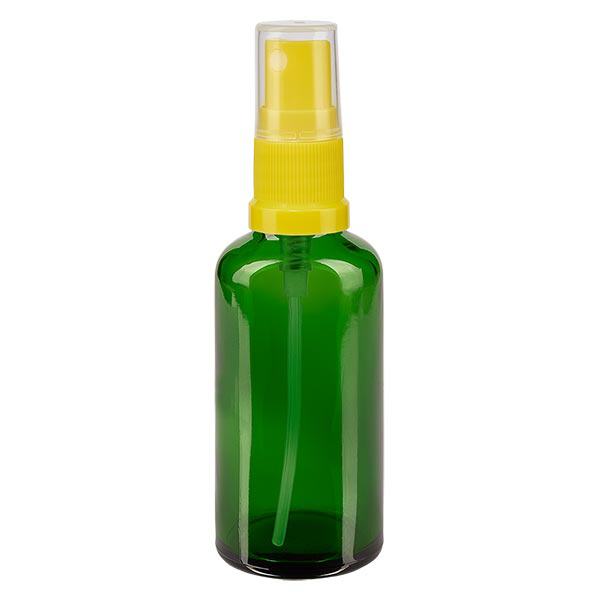 Apteekkipullo vihreä 50ml suihkepullon korkki keltainen Apteekkipullo vihreä 50ml suihkepullon korkki keltainen