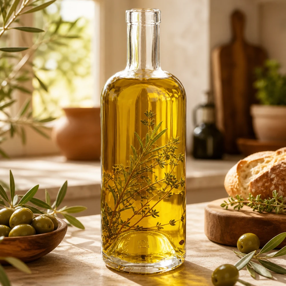 750 ml:n Emma-lasipullo täynnä oliiviöljyä ja yrttejä oliivileivän ja välimerellisen koristeen vieressä.