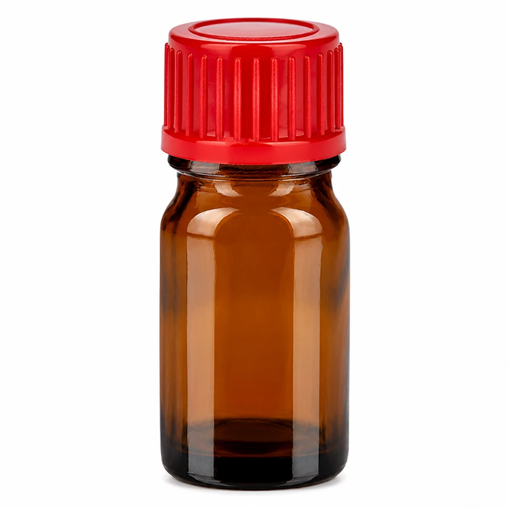 5ml meripihkanvärinen lasipullo punaisella kierrekorkilla eteerisille öljyille ja laboratoriotarvikkeille.