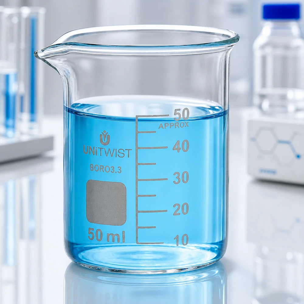 50 ml:n dekantterilasi, borosilikaatti, matala muotti UNiTWIST UNiTWIST-lasipullo, 50 ml, matala malli, jossa on turkoosia nestettä 45 ml:n täyttötasolla laboratoriossa