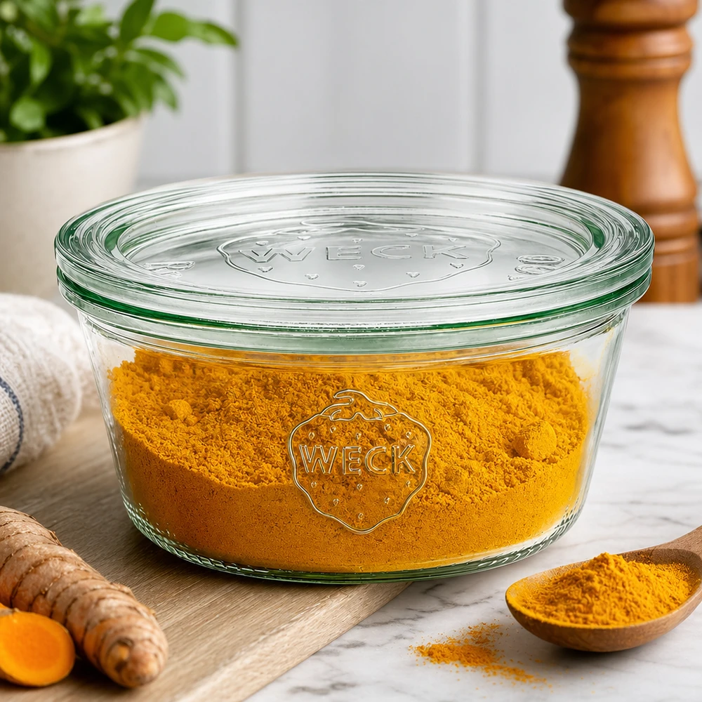 WECK tumblers 290ml RR100 täynnä kurkumajauhetta maustepurkkina tuoreen kurkumajuuren ja puulusikan vieressä.