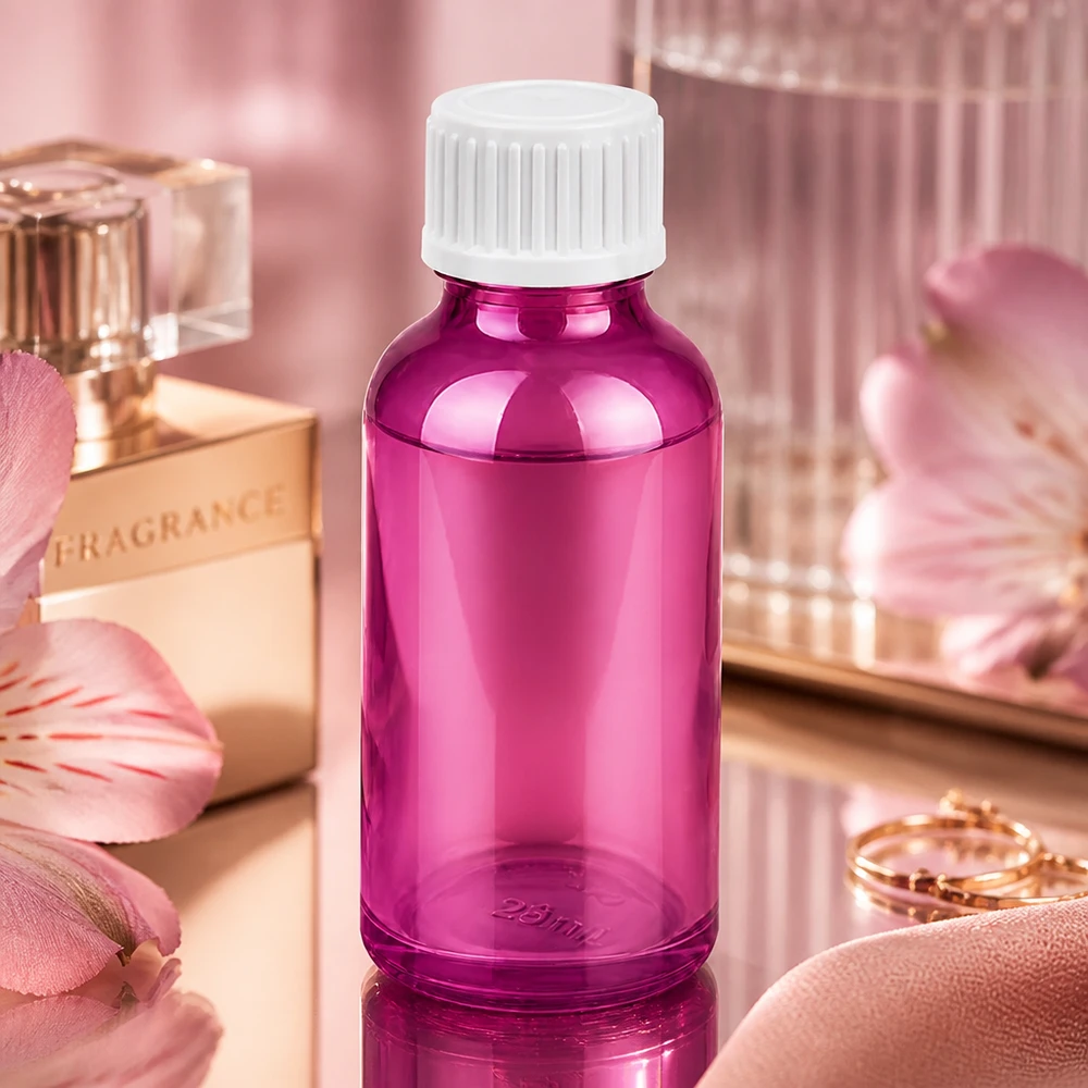 30ml tippapullo 0,9mm valkoinen standardi PurpleLine. UT18/30 Pieni 30ml tiputinpullo violetissa värissä aromaterapiaan ja DIY kosmetiikkaan valkoisella korkilla.