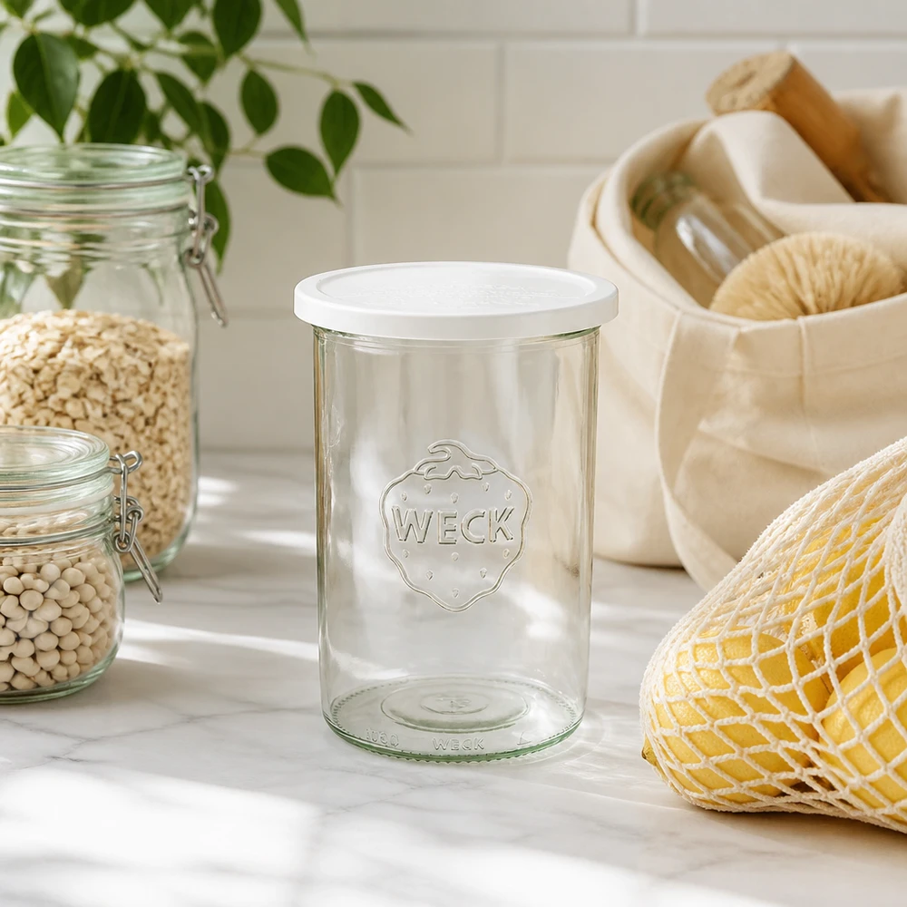 1000ml lasipurkki, jossa on kansi WECK RR100 WECK 1000ml RR100 -mukit luonnollisessa keittiöympäristössä, jossa on kestäviä säilytysvälineitä ja kasveja.