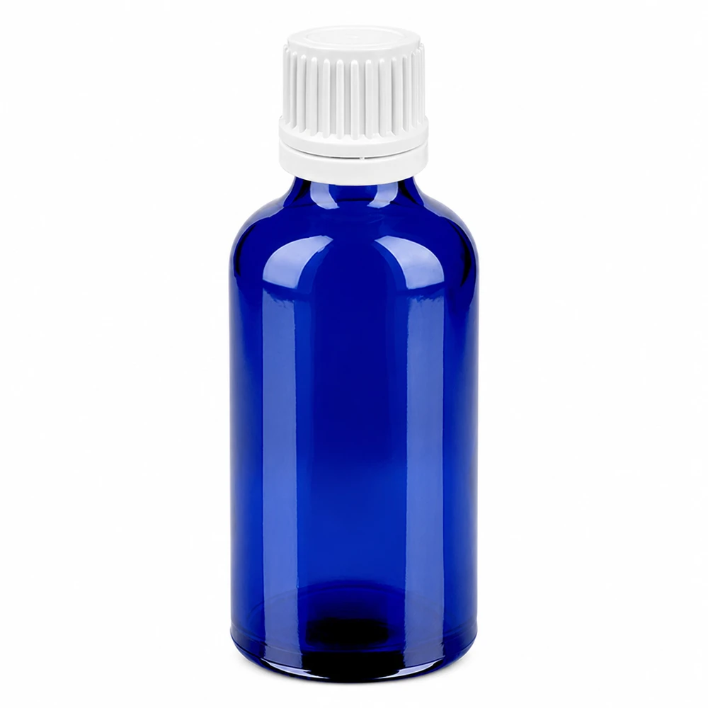 50ml sininen lasipullo, jossa valkoinen 0,7mm tippakorkki tarkkaa annostelua varten BlueLine UT18/50