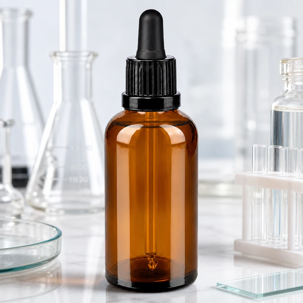 Kompakti 50 ml:n meripihkalasipullo pipetillä OV BrownLine UT18/50 laboratoriosovelluksiin