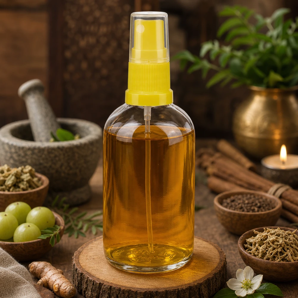 Ayurvedalainen yrttiöljysuihkepullo, 100 ml, keltainen, läpinäkyvä, pumppumekanismilla, ClearLine
