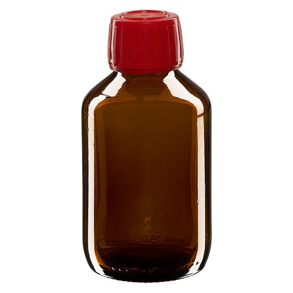 150ml lääkepullo ruskea, punainen korkki, jossa on peukaloinnin estävä rengas ApoGlas 150ml lääkepullo ruskea, punainen korkki, jossa on peukaloinnin estävä rengas ApoGlas