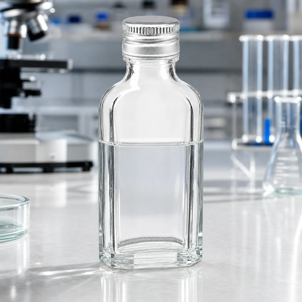 Suorakulmainen 50 ml:n Meplat-lasipullo, kirkas, hopeisella PP22-alumiinikorkilla, laboratoriokäyttöön