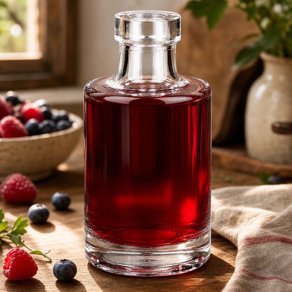 100 ml:n Marie-lasipullo täynnä punaista marjasiirappia tuoreiden vadelmien ja mustikoiden vieressä puupöydällä.