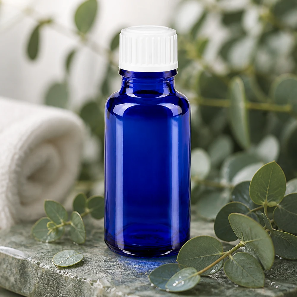Apteekkipullo sininen 20ml ruuvikorkki valkoinen standardi Pieni sininen ruskealasipullo, 20 ml, jossa on valkoinen tippakorkki ja jota ympäröivät eukalyptusoksat