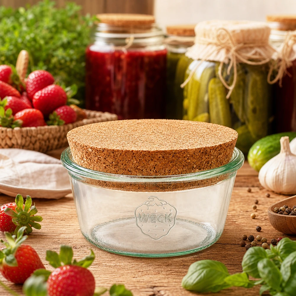 290ml matala tumble-purkki WECK RR100 korkin kanssa luonnollinen. WECK säilöntäpurkki 290ml korkkikannella maalaismaisessa keittiössä tuoreiden mansikoiden ja vihannesten ympäröimänä.