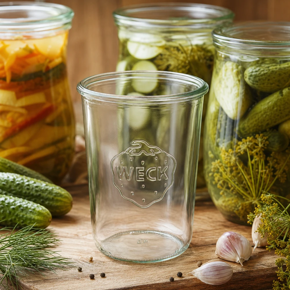 Tyhjä 850ml WECK RR100 muurinpohjapurkki täynnä suolakurkkua ja vihanneksia täytetyissä muurinpohjapurkeissa puisella alustalla.
