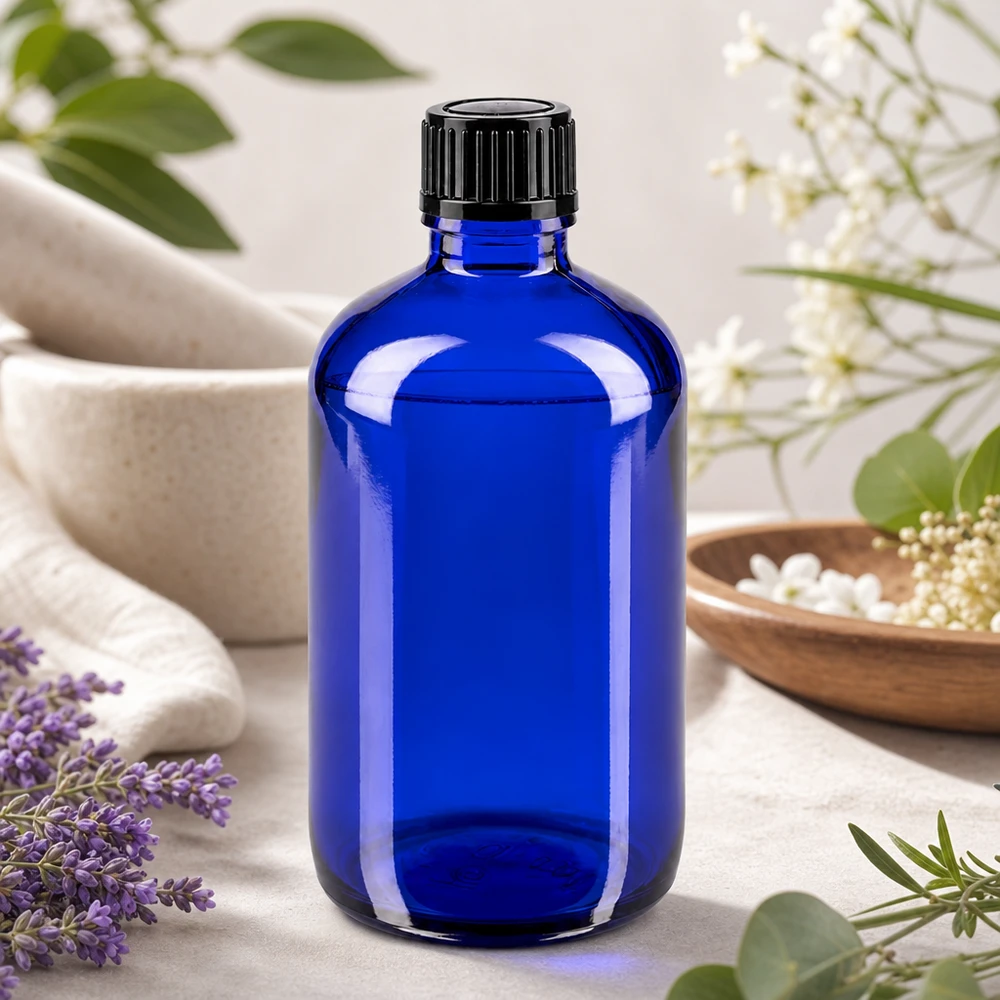 Apteekkipullo sininen 100ml ruuvikorkki musta standardi Sininen 100 ml:n lasipullo, jossa on kierrekorkki, laventelin ja valkoisten kukkien välissä