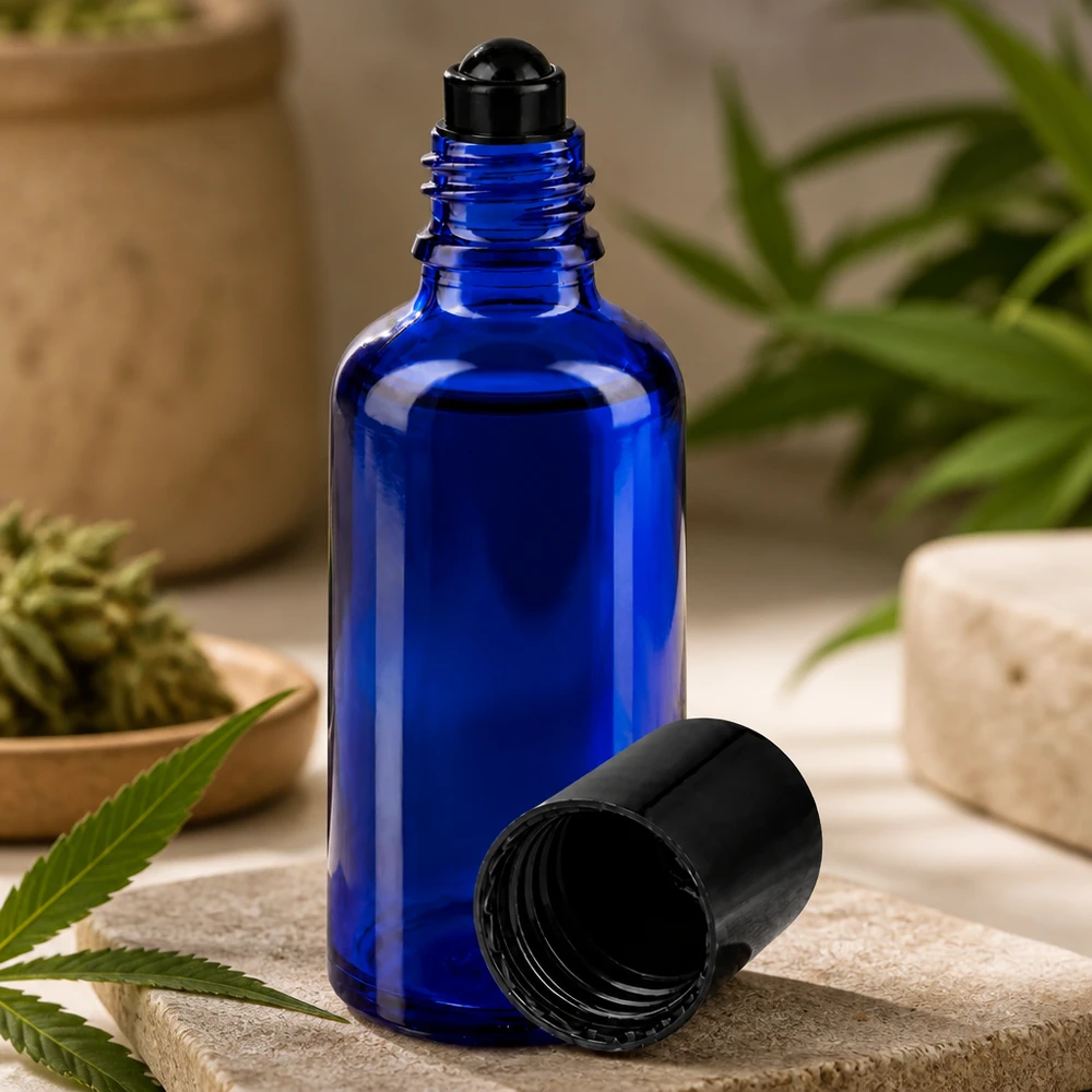 Koboltinsininen 50 ml:n roll-on-pullo, jossa on musta rullapallo, eteerisille öljyille ja CBD-tuotteille