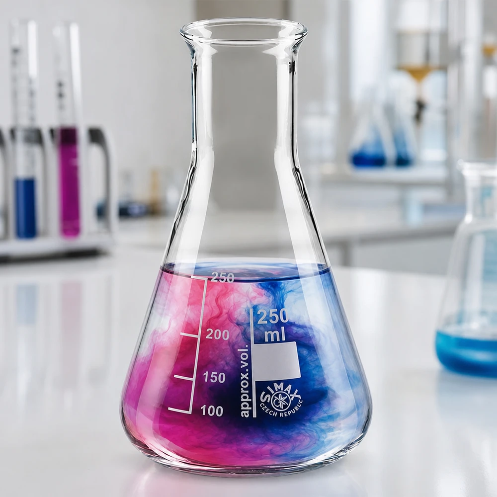 250 ml:n Erlenmeyer-pullo asteikolla ja värillisillä kemikaaleilla kokeita varten.