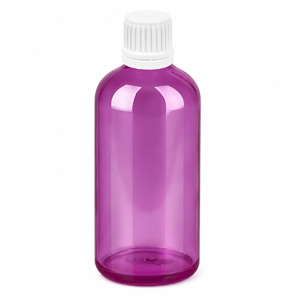 100ml tippapullo, jossa on valkoinen korkki ja violetti muovirunko tarkkaa annostelua varten.