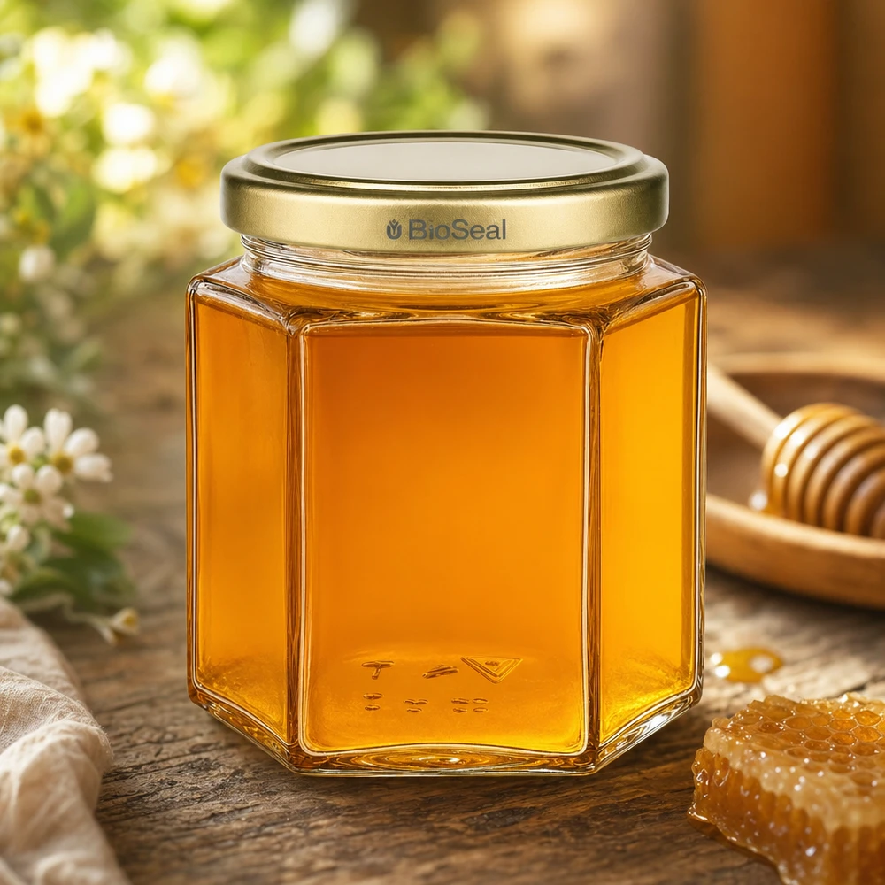 520g Honigglas mit goldenem Deckel BioSeal UNiTWIST 520g hunajapurkki kuusikulmainen BioSeal kultaisella kannella, joka on täytetty luonnonhunajalla hunajakennon ja hunajalusikan vieressä.