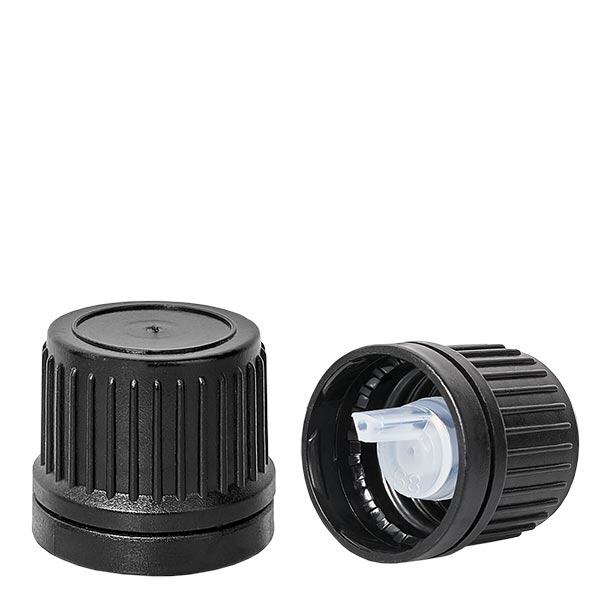 Tiputuskorkki 1mm Top musta 18mm, jossa on peukaloitavissa oleva sulkeminen. Tiputuskorkki 1mm Top musta 18mm, jossa on peukaloitavissa oleva sulkeminen.