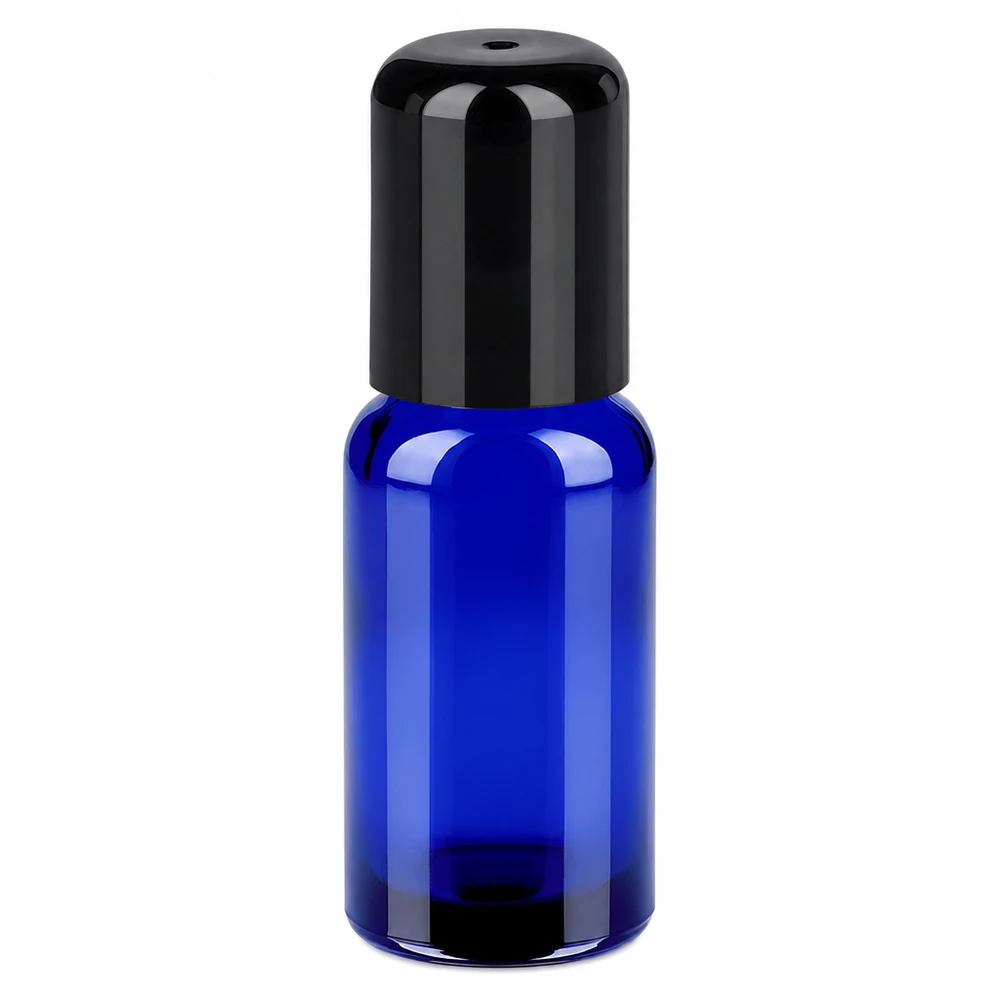 20ml roll-on-pullo musta vakiokorkki BlueLine UT18/20 Sininen roll-on pullo 20ml mustalla korkilla eteerisille öljyille ja kosmetiikalle.
