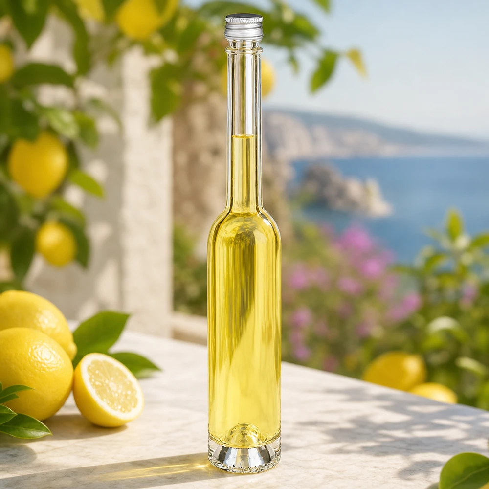 100ml Toni-lasipullo hopeisella kierrekorkilla - tyylikäs kapea muoto limoncelloa varten