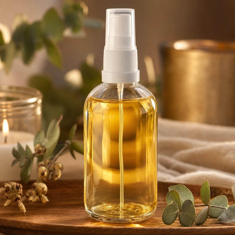 100ml suihkepullo valkoinen/läpinäkyvä vakiokorkki ClearLine UT18/100 100 ml:n ClearLine-lasipullo, jossa on kultainen öljy ja valkoinen sumutin, puualustalla, Wellness Ambiente