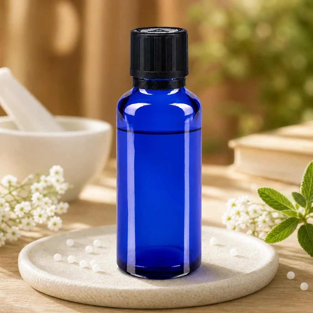 Apteekkipullo sininen 30ml tippapullon korkki kaadinrengas 1mm musta lapsilukko sokea varoitussymboli peukaloinnin estävä sulkeminen. Sininen 30 ml:n lasipullo, jossa on musta lapsiturvallinen korkki ja jota ympäröivät valkoiset kukat ja minttu