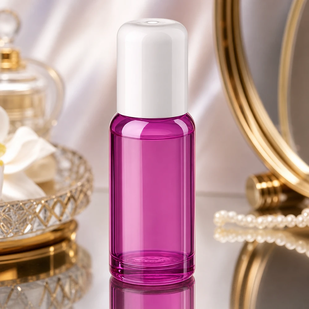 Laadukas 20ml lasipullo läpinäkyvällä violetilla roll-on-korkilla kosmetiikkatuotteille.