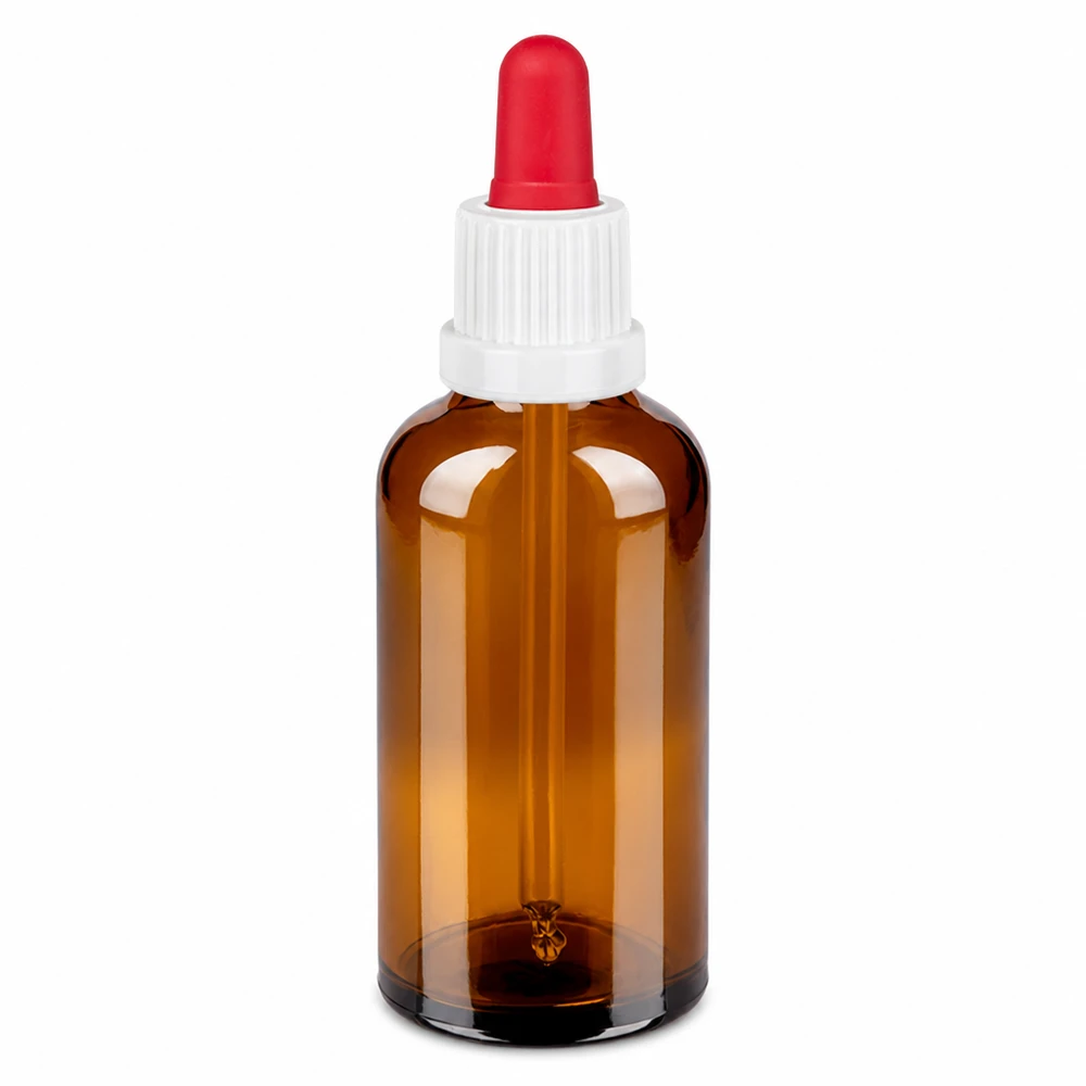 50ml pipettipullo valkoinen/punainen väärentämisen estävä sulkeminen BrownLine UT18/50 50ml meripihkanvärinen lasipipettipullo, jossa on valkoinen korkki ja punainen pipetti tarkkaa annostelua varten.