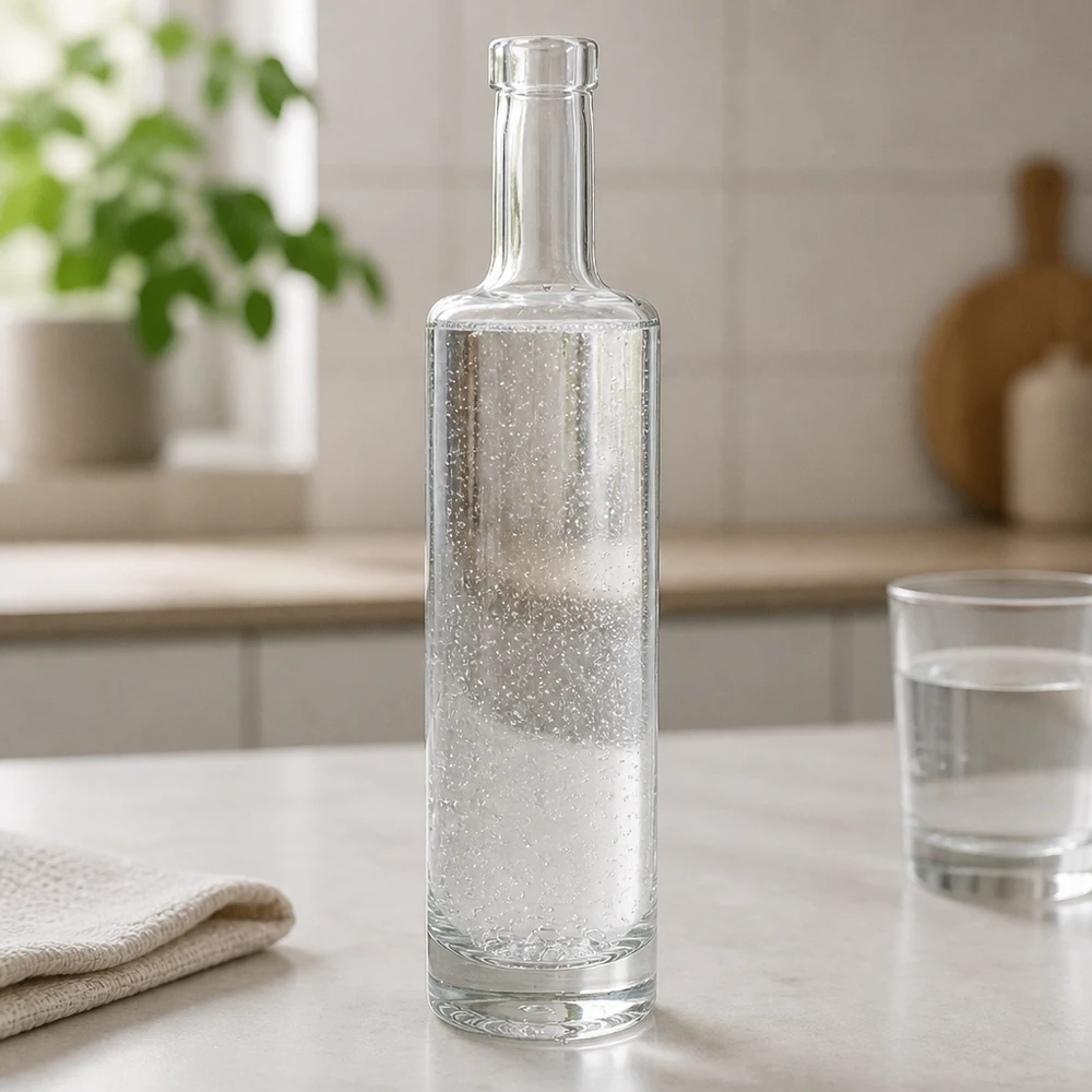 500ml Glasflasche "Centurio" ohne Verschluss UNiTWIST® 500ml Glasflasche Lina mit sprudelndem Wasser gefüllt in modernem Küchenambiente mit Wasserglas und Textil-Deko