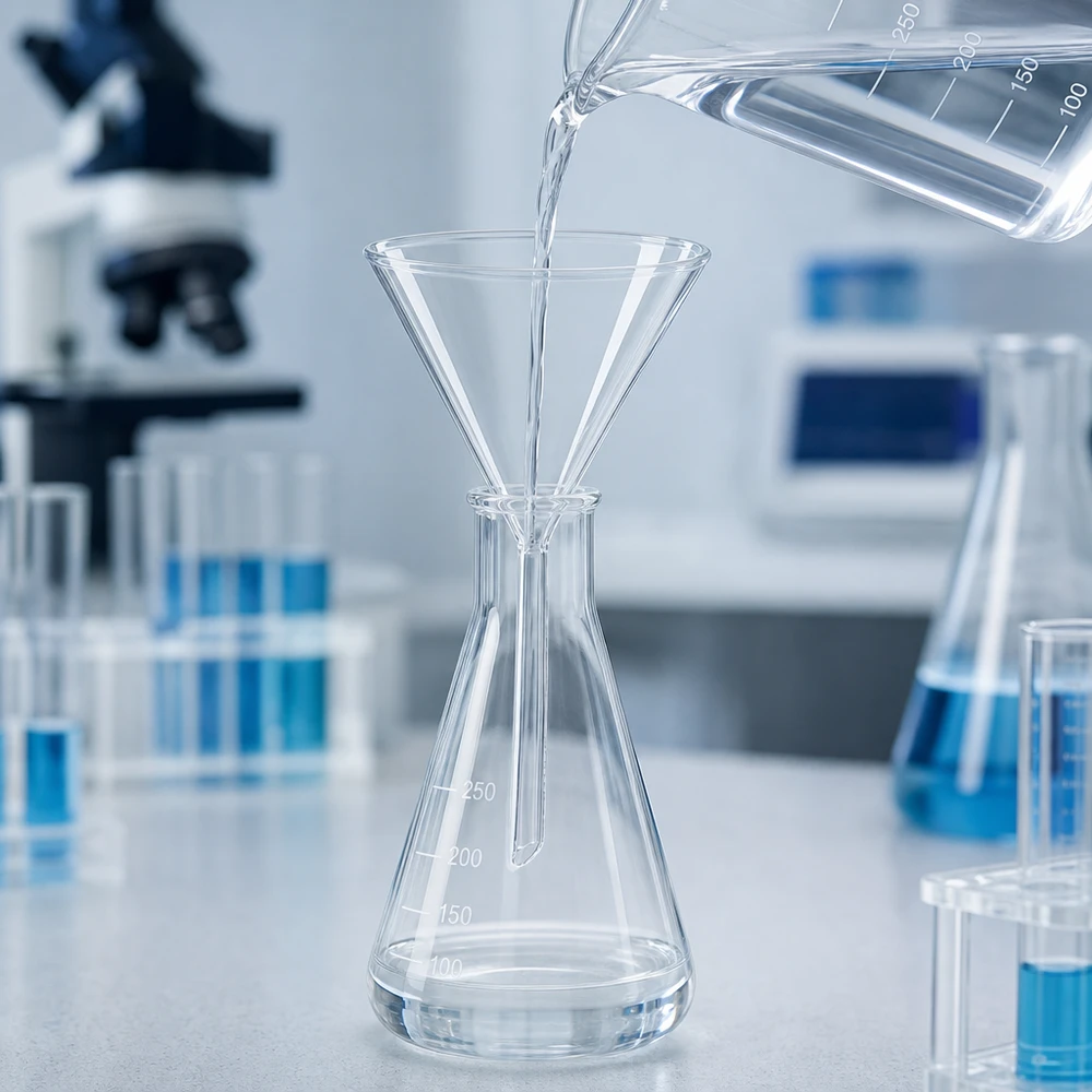 Lyhytvartinen laboratoriosuppilo borosilikaattilasia 100mm halkaisijaltaan kemiallisiin sovelluksiin.