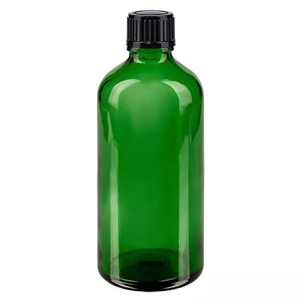 Apteekkipullo vihreä 100ml ruuvikorkki musta vakio. Apteekkipullo vihreä 100ml ruuvikorkki musta vakio.