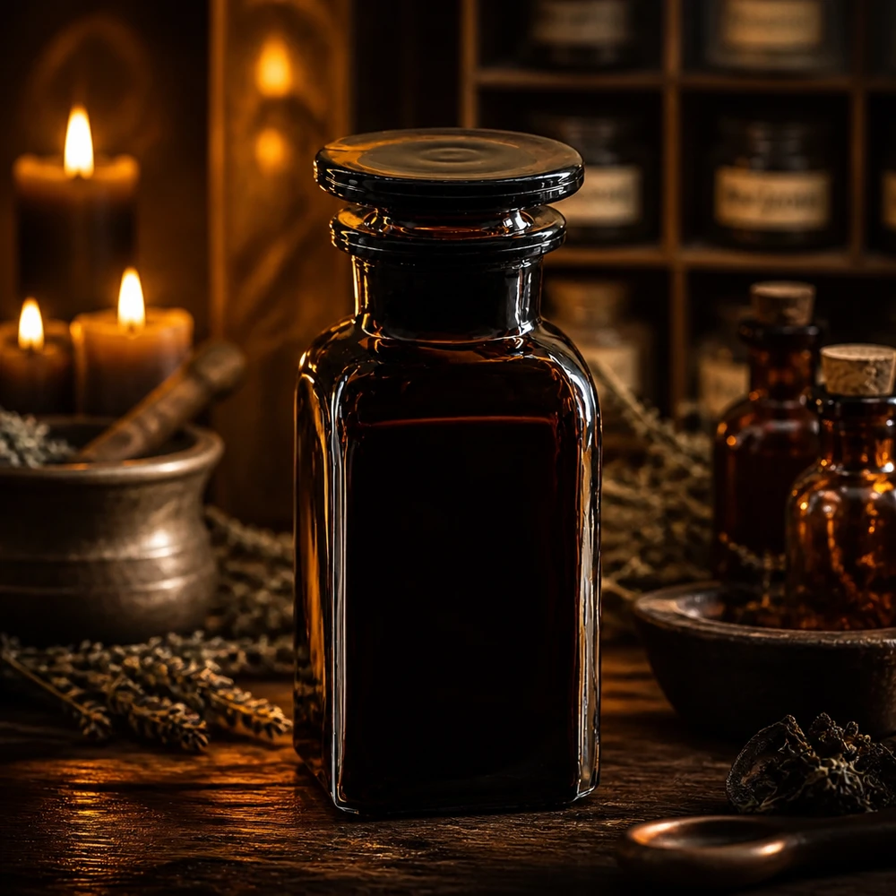 Nelikulmainen pullo 100ml ruskea leveäkaulainen lasitulppa Apteekkipullo, 100 ml, ruskeaa lasia, kulmikas muoto, tasainen lasitulppa, kynttilänvalossa