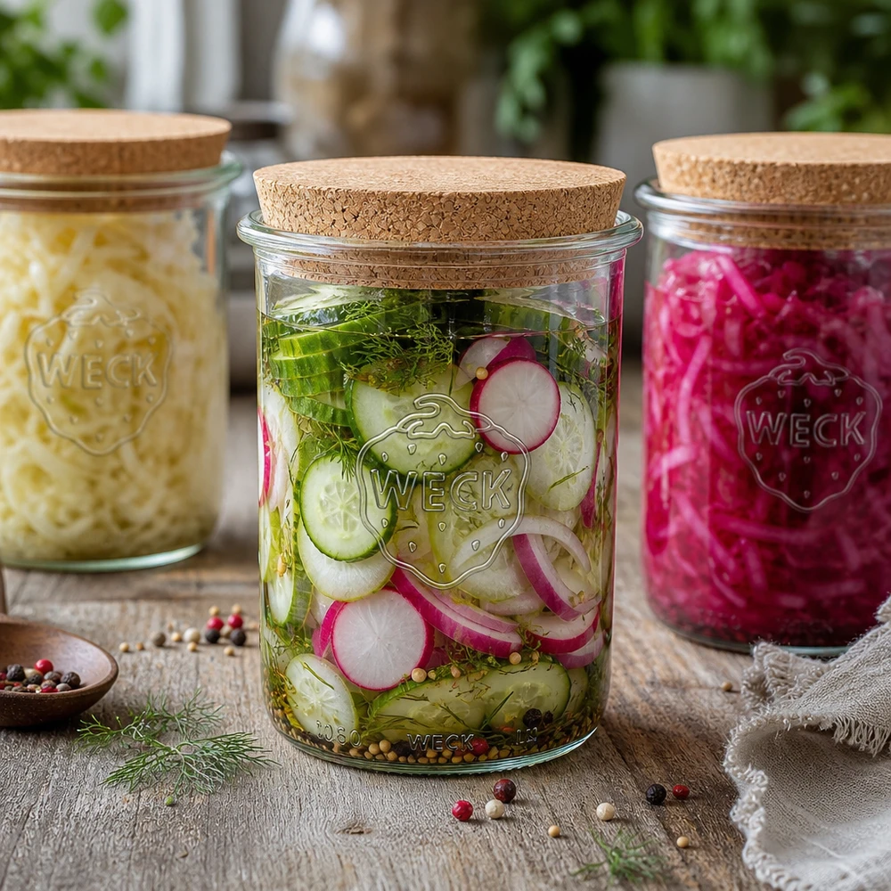 1000 ml:n juomalasit WECK RR100 korkilla luonnonväriset WECK 1000ml RR100 säilöntätölkki korkkikannella Säilöntätölkkisarja suolakurkkua, hapankaalia ja retiisiä varten.