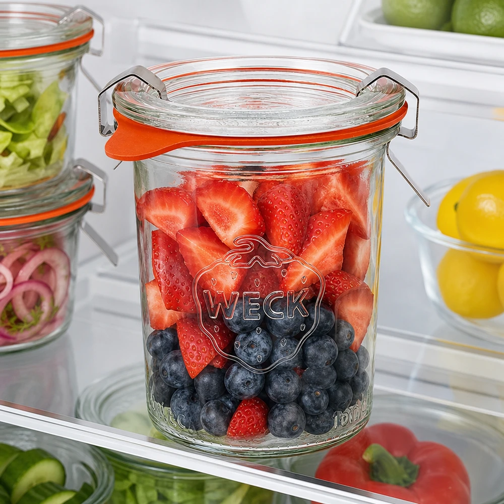 160 ml:n tumppupurkki täydellisenä WECK RR60 WECK 160ml RR60-lasit täynnä tuoreita marjoja jääkaapissa optimaalisen tuoreuden ja säilytyksen varmistamiseksi.