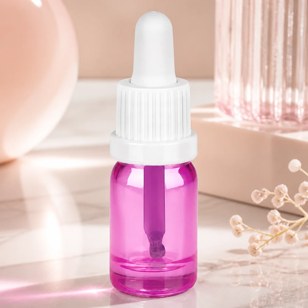 Premium pipettipullo 5ml violetilla borosilikaattilasilla ja ergonomisella valkoisella pipetillä.