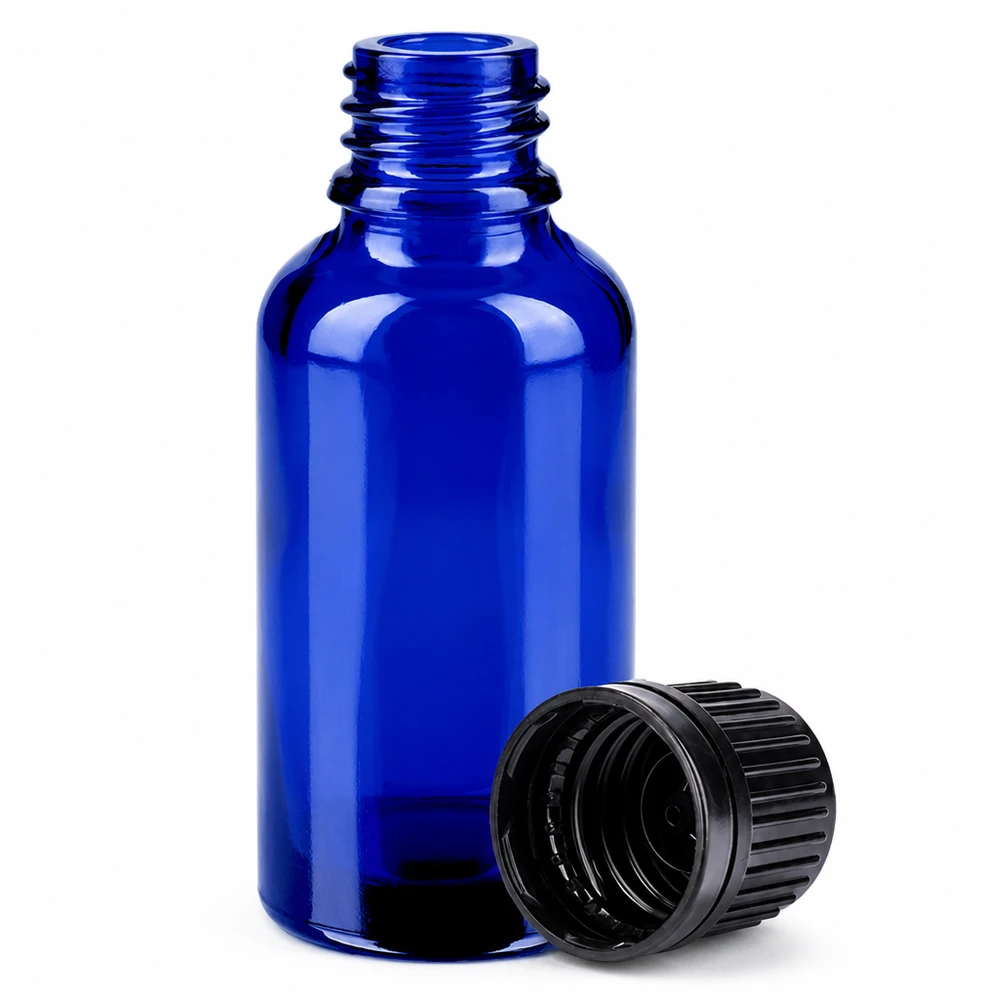 Sininen 30ml lasipullo kierrekorkilla aromaterapiaan ja luonnonkosmetiikkaan.