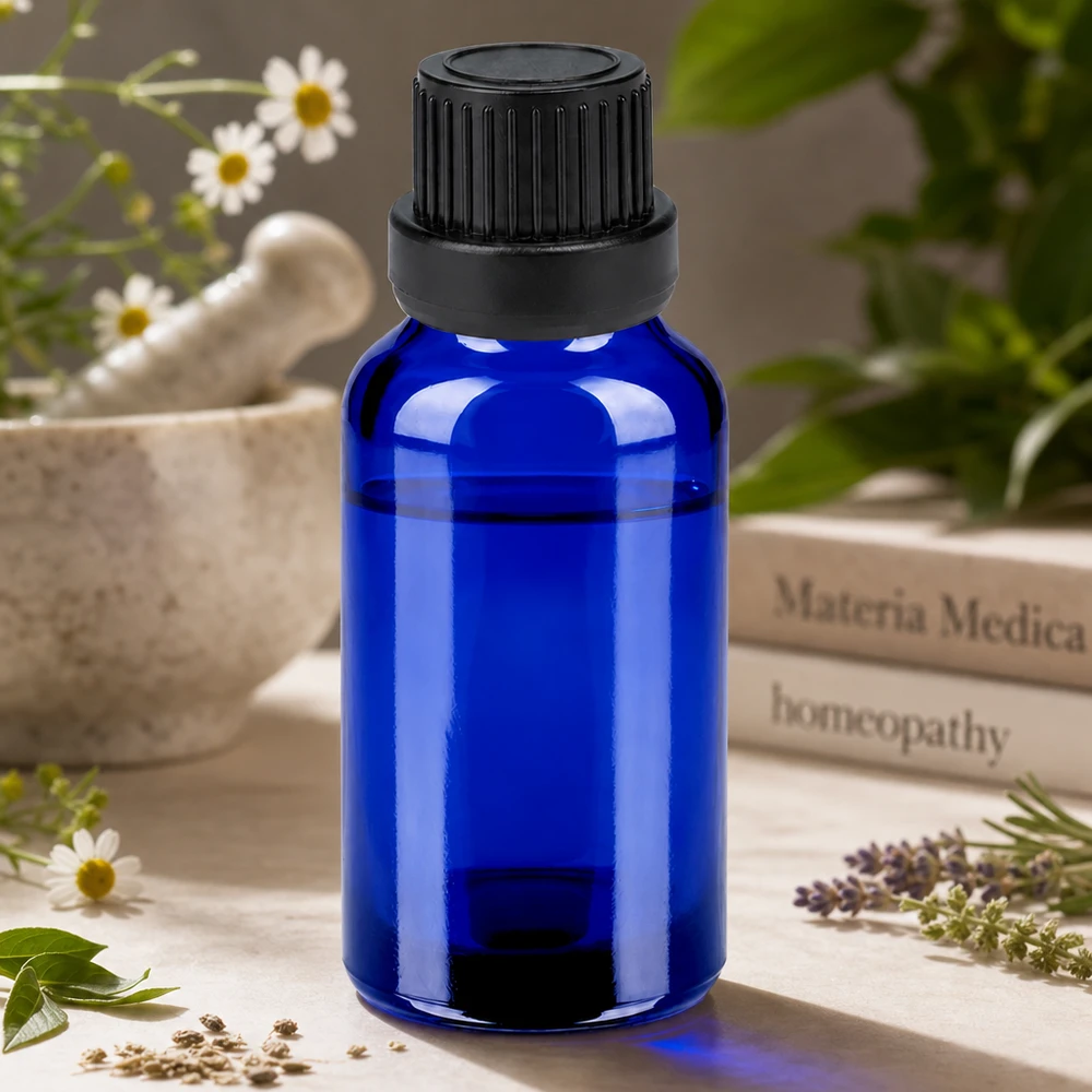 20ml pullo 11mm kierrekorkki musta tamper-evident korkki BlueLine UT18/20 Pienikokoinen 20 ml:n pullo, jossa on musta korkki homeopaattisille lääkkeille.