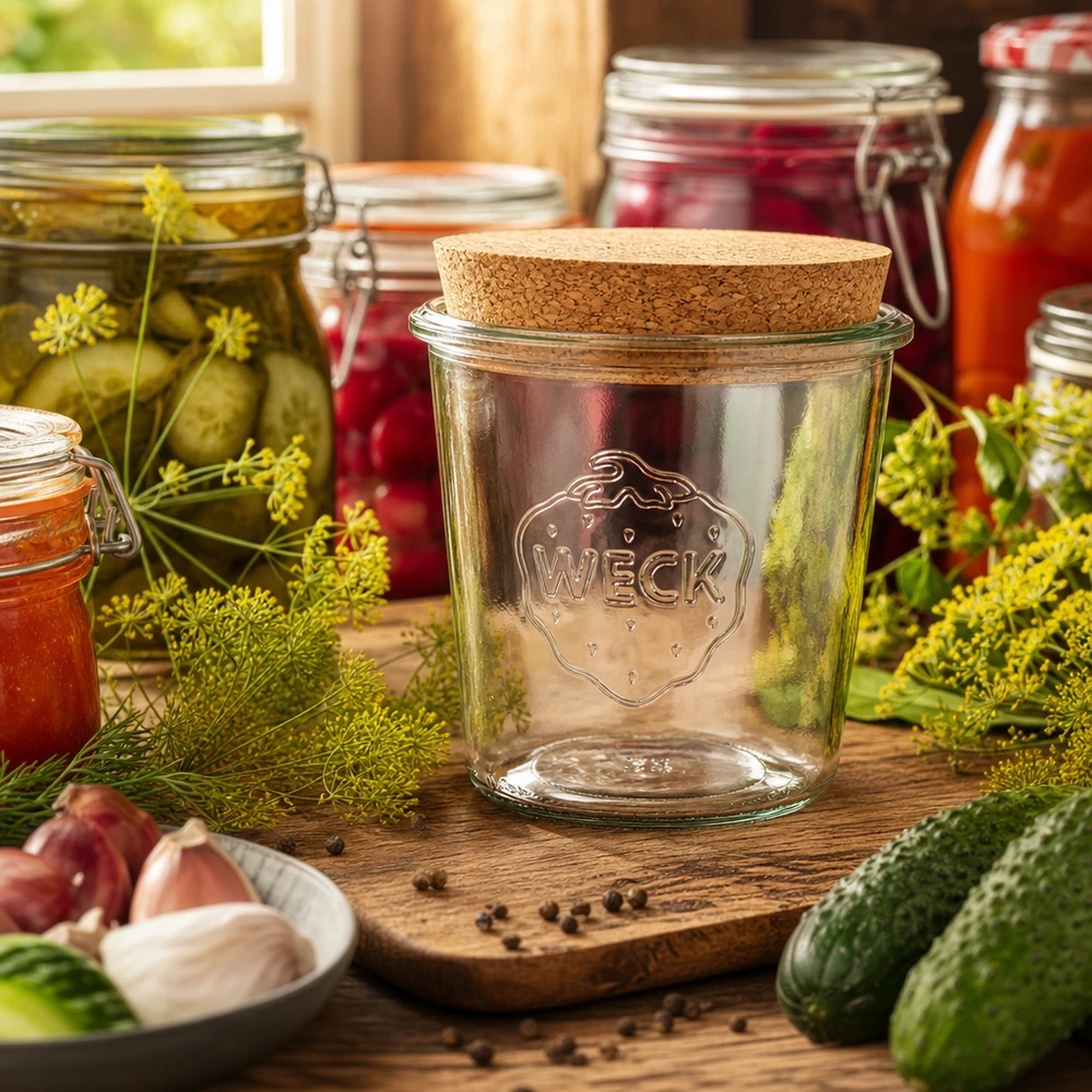 580ml tulppaanipullot WECK RR100 korkilla luonnollinen WECK säilöntätölkki 580ml RR100 korkkikansi maalaismaisessa keittiössä, koristeltu mausteilla suolakurkkuilla ja säilöntätarvikkeilla.