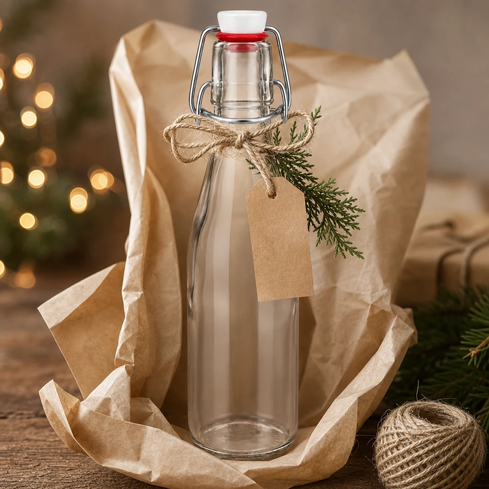 250ml Glasflasche mit Bügelverschluss als Geschenk verpackt mit Juteschnur, Kraftpapier-Anhänger und Tannenzweig