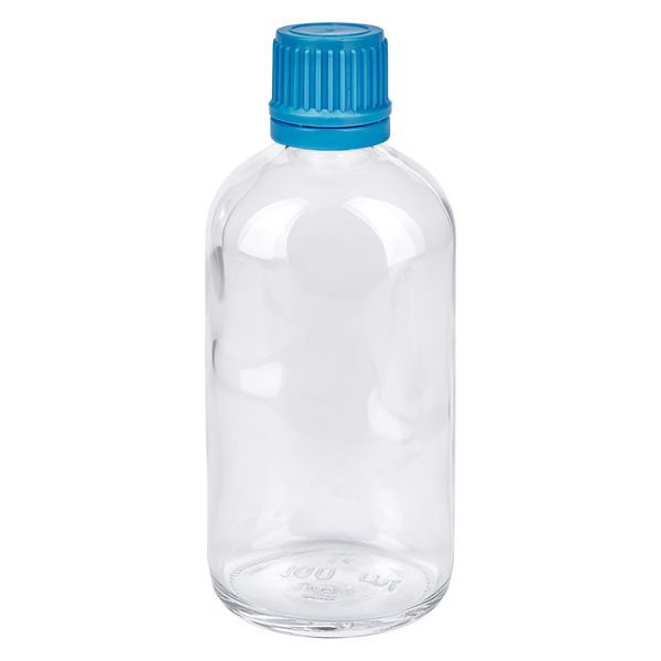 100ml pullo 11mm ruuvikorkki sininen väärentämisen estävä korkki ClearLine UT18/100 100 ml:n ClearLine-lasipullo, jossa on sininen kierrekorkki (11 mm) ja alkuperäisyysturva
