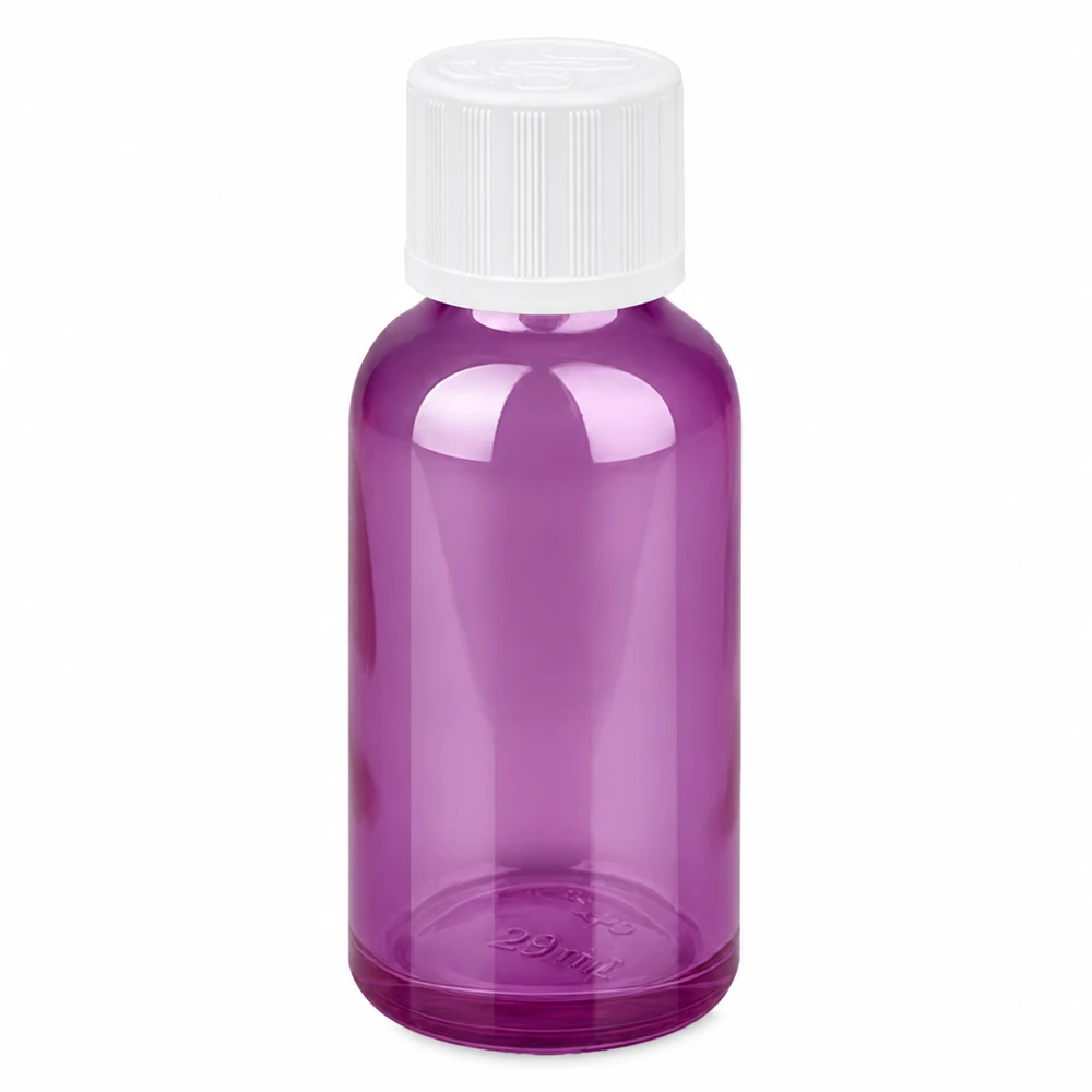 30ml tippapullo, violetti läpinäkyvä, valkoinen kierrekorkki ja tarkka 1.2mm tippa-aukko.