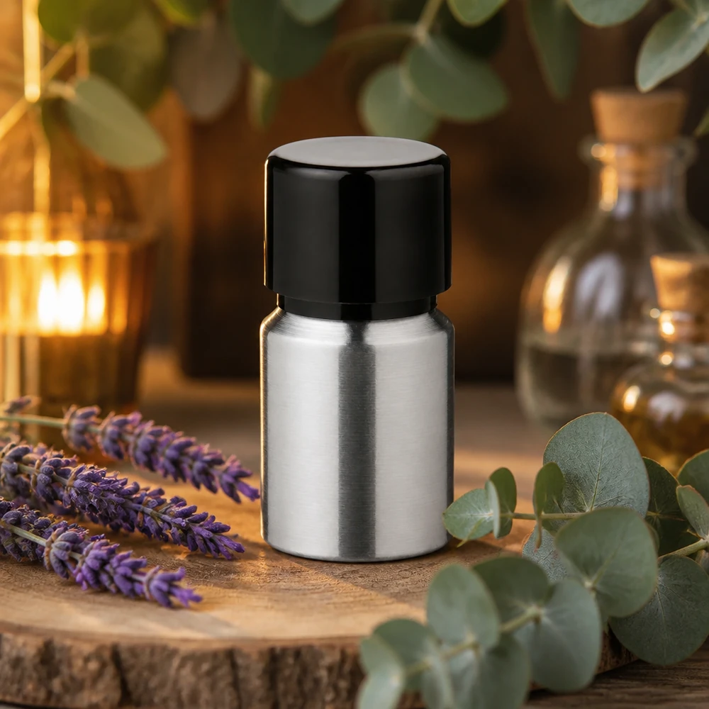 Kiillotettu 10ml alumiinipullo hopeaa ja musta korkki, ihanteellinen aromaterapia- ja hajuvesiöljyille.